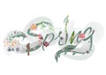 Design of Spring lettering decorated with birds and flowers: snowdrops, lilies, dahlias, anemone.